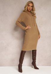 Ciemnobeżowa Wełniana Sukienka w Prążki z Kapturem Opiuda. Brązowe sukienki damskie Renee, bez wzorów, z wełny, eleganckie, bez ramiączek. W wyprzedaży za 95.99 zł.
