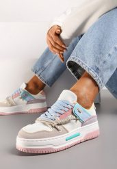 Biało-Różowe Sneakersy na Platformie z Ozdobnymi Sznurówkami Aqara. Białe obuwie sportowe damskie Renee, bez zapięcia. Za 79.99 zł.