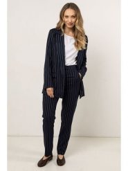 Awama Spodnie - Regular fit - w kolorze granatowym rozmiar: XL. Niebieskie spodnie materiałowe damskie Awama, bez wzorów, z materiału. Za 157.73 zł.