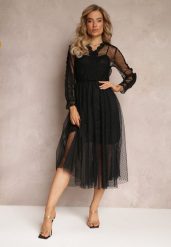 Czarna Rozkloszowana Sukienka Midi z Tiulu z Koronką Rislaine. Czarne sukienki damskie Renee, bez wzorów, z koronki, bez ramiączek. W wyprzedaży za 175.99 zł.