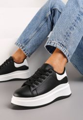 Czarne Sneakersy z Ekoskóry na Platformie ze Sznurowaniem Telretia. Czarne obuwie sportowe damskie Born2be, bez zapięcia. Za 89.99 zł.