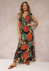 Czarna Kopertowa Sukienka Maxi z Wiskozy z Gumkami w Talii Leamone. Czarne sukienki damskie Renee, bez wzorów, z wiskozy, bez ramiączek. W wyprzedaży za 63.99 zł.