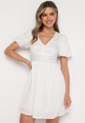 Biała Rozkloszowana Sukienka z Bawełną z Bufiastymi Rękawami Zapinana na Suwak Galfea. Białe sukienki damskie Born2be, bez wzorów, z bawełny, klasyczne, bez ramiączek. Za 109.99 zł.