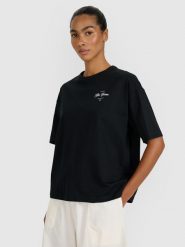 4F T-shirt oversize z nadrukiem damski - czarny L. Czarne koszulki sportowe damskie 4F, l, bez wzorów, z bawełny, bez ramiączek. W wyprzedaży za 39.99 zł.
