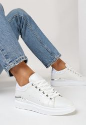Białe Sneakersy z Imitacji Skóry z Metaliczną Wstawką i Brokatem Fleuriue. Białe obuwie sportowe damskie Born2be, ze skóry, bez zapięcia. Za 44.99 zł.