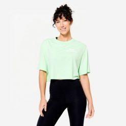 Koszulka z krótkim rękawem damska Domyos Gym & Pilates crop top. Białe bluzki damskie DOMYOS, xl, bez wzorów, z bawełny, bez kołnierzyka, bez ramiączek. Za 49.99 zł.
