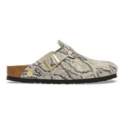 BIRKENSTOCK Boston Print LEVE Snake Oyster Klapki damskie. Brązowe klapki damskie Birkenstock, bez wzorów, z denimu, bez obcasa, bez zapięcia. Za 629.99 zł.