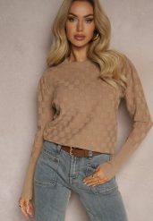 Ciemnobeżowy Sweter z Modalem i Wiskozą Ozdobiony Tłoczeniem Liliti. Brązowe swetry klasyczne damskie Renee, m, z jeansu, bez kołnierzyka. Za 69.99 zł.
