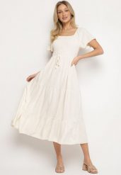 Jasnobeżowa Sukienka z Wiskozą Lnem i Elastyczną Górą Ellisena. Brązowe sukienki damskie Born2be, bez wzorów, z wiskozy, eleganckie, bez ramiączek. Za 149.99 zł.