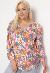 Różowo-Pomarańczowa Kwiecista Koszula z Ozdobnymi Guzikami i Trójkątnym Dekoltem Portlyn. Czerwone koszule damskie Born2be, l, bez wzorów, bez kołnierzyka, plus size, bez ramiączek. Za 64.99 zł.