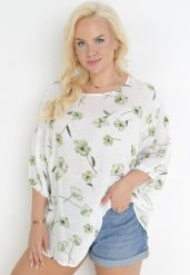 Biało-Zielona Bluzka z Krótkim Rękawem w Kwiaty Neitta. Białe bluzki damskie Born2be, bez wzorów, z tkaniny, bez kołnierzyka, bez ramiączek. Za 44.99 zł.