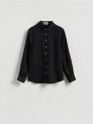 Lniana koszula - czarny. Czarne koszule damskie Reserved, l, bez wzorów, z tkaniny, bez kołnierzyka, bez ramiączek. Za 149.99 zł.