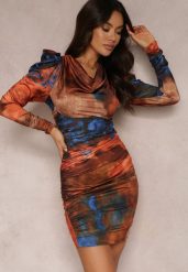 Pomarańczowa Sukienka Tie-Dye z Bufiastym Rękawem Arona. Brązowe sukienki damskie Renee, bez wzorów, eleganckie, bez ramiączek. W wyprzedaży za 31.99 zł.
