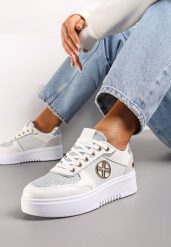 Białe Sneakersy z Metalicznymi Wstawkami i Brokatem na Grubej Podeszwie Xaneta. Białe obuwie sportowe damskie Renee, bez zapięcia. Za 79.99 zł.