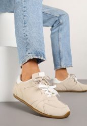 Beżowe Sneakersy z Podwójnymi Sznurowadłami i Przeszyciami Teleritia. Brązowe obuwie sportowe damskie Born2be, z materiału, bez zapięcia. Za 89.99 zł.