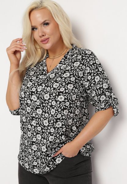Czarna Bluzka Koszulowa w Kwiaty z Wiskozowej Tkaniny Railen. Czarne bluzki damskie Born2be, l, bez wzorów, z tkaniny, bez kołnierzyka, plus size, bez ramiączek. Za 49.99 zł.