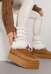 Brązowe Śniegowce na Grubej Podeszwie z Ozdobnymi Przeszyciami i Futerkiem Lindera. Brązowe śniegowce damskie Born2be, z jeansu. Za 109.99 zł.