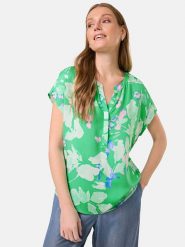 Gerry Weber Bluzka w kolorze zielono-kremowo-jasnoróżowym rozmiar: 38. Brązowe bluzki damskie Gerry Weber, s, bez wzorów, z wiskozy, klasyczne, bez kołnierzyka, bez ramiączek. Za 109.78 zł.
