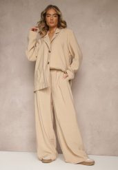 Beżowe Spodnie Low Waist z Modalu z Szeroką Nogawką Reanelira. Brązowe spodnie materiałowe damskie Renee, bez wzorów, z jeansu. Za 99.99 zł.