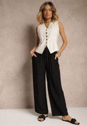 Czarne Spodnie Typu Palazzo o Szerokim Kroju High Waist Ozdobione Wiązaniem Yaslevia. Czarne spodnie materiałowe damskie Renee, bez wzorów, z jeansu. Za 39.99 zł.