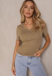 Ciemnozielony T-shirt z Bawełny z Łańcuszkiem i Marszczeniem Olisinia. Zielone t-shirty damskie Renee, m, bez wzorów, z bawełny, bez kołnierzyka. Za 39.99 zł.