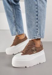 Brązowo-Białe Sneakersy Vices na Platformie Zdobione Okrągłą Aplikacją Wodvire. Brązowe obuwie sportowe damskie Born2be, z jeansu, bez zapięcia, trekkingowe. Za 119.99 zł.