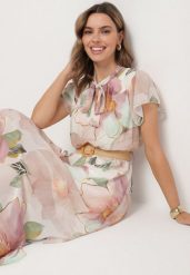 Beżowa Sukienka o Rozkloszowanym Kroju z Wiązaniem przy Dekolcie i Paskiem Sorilina. Brązowe sukienki damskie Born2be, bez wzorów, eleganckie, bez ramiączek. W wyprzedaży za 127.49 zł.