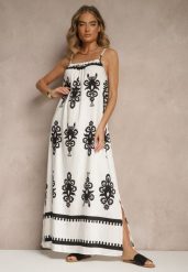 Biała Rozkloszowana Sukienka na Ramiączkach w Ornamentalny Print Reveleine. Białe sukienki damskie Renee, z aplikacjami, bez ramiączek. W wyprzedaży za 59.49 zł.