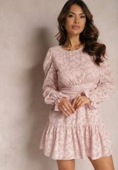 Różowa Rozkloszowana Sukienka Mini z Tkaniny Plumeti Marsane. Czerwone sukienki damskie Renee, bez wzorów, z tkaniny, bez ramiączek. W wyprzedaży za 127.99 zł.