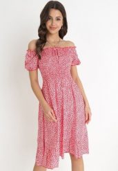 Czerwona Bawełniana Sukienka Hiszpanka w Kwiatki Rutani. Czerwone sukienki damskie Born2be, bez wzorów, z bawełny, eleganckie, bez ramiączek. Za 39.99 zł.