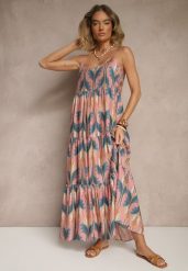 Różowo-Niebieska Sukienka w Stylu Boho z Cienkimi Regulowanymi Ramiączkami Tosena. Czerwone sukienki damskie Renee, bez wzorów, boho, bez ramiączek. W wyprzedaży za 55.99 zł.