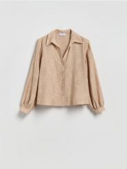 Koszula z haftowanym wzorem - beżowy. Brązowe koszule damskie Reserved, l, bez wzorów, z tkaniny, bez kołnierzyka, bez ramiączek. Za 139.99 zł.