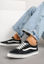 Czarno-Białe Tenisówki Trampki pod Kostkę z Ozdobnym Paskiem Wiolana. Czarne obuwie sportowe damskie Born2be, z jeansu, bez zapięcia, tenisowe. Za 64.99 zł.