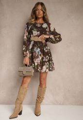 Brązowa Rozkloszowana Sukienka Ozdobiona Kwiatowym Wzorem Zerovia. Brązowe sukienki damskie Renee, bez wzorów, z wiskozy, eleganckie, bez ramiączek. Za 109.99 zł.