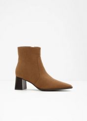 Botki na obcasie słupkowym. Brązowe botki damskie bonprix, eleganckie, bez obcasa, na obcasie, bez zapięcia. Za 169.99 zł.