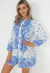 Niebieska Koszulowa Sukienka z Guzikami i Gumką w Pasie Melija. Niebieskie sukienki damskie Born2be, bez wzorów, z materiału, bez ramiączek. Za 129.99 zł.