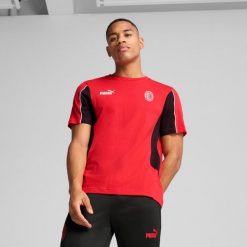 Koszulka piłkarska przedmeczowa Puma AC Milan 24/25. Bluzki damskie Puma, m, bez wzorów, z materiału, bez kołnierzyka, bez ramiączek. Za 319.99 zł.