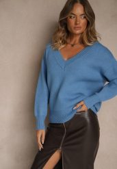 Niebieski Sweter z Kaszmirem i Trójkątnym Dekoltem Plenne. Niebieskie swetry klasyczne damskie Renee, z kaszmiru, bez kołnierzyka. Za 139.99 zł.