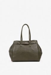 Ciemnozielona Torebka Shopper z Dwoma Rączkami Ozdobiona Paskiem z Klamrą Remisse. Zielone shopper bag Renee, bez wzorów, na ramię, bez dodatków. Za 159.99 zł.