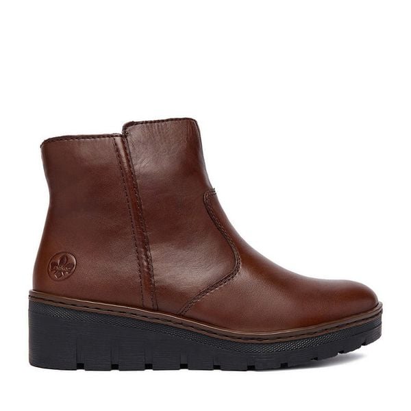 Botki Rieker. Brązowe botki damskie Rieker, bez obcasa, na koturnie, bez zapięcia. Za 309.99 zł.