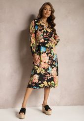Czarno-Różowa Kopertowa Sukienka z Kwiecistym Printem Aleratoa. Czarne sukienki damskie Renee, bez wzorów, eleganckie, bez ramiączek. W wyprzedaży za 119.99 zł.