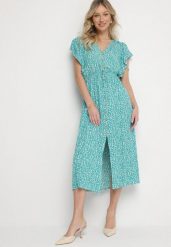Zielona Bawełniana Sukienka Rozkloszowana w Cętki z Ozdobnymi Guzikami Alulune. Zielone sukienki damskie Born2be, bez wzorów, z bawełny, eleganckie, bez ramiączek. Za 69.99 zł.