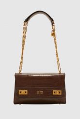 GUESS Brązowa torebka Katey Croc. Brązowe torebki klasyczne damskie Guess, ze skóry ekologicznej, na ramię, bez dodatków. W wyprzedaży za 499.99 zł.