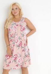 Różowa Trapezowa Sukienka Midi w Kwiaty Lexani. Czerwone sukienki damskie Born2be, bez wzorów, bez ramiączek. Za 89.99 zł.
