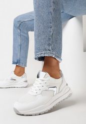 Biało-Srebrne Sneakersy na Płaskiej Podeszwie z Ozdobnymi Wstawkami Aizra. Białe obuwie sportowe damskie Born2be, bez zapięcia. Za 99.99 zł.