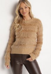 Ciemnobeżowy Puchaty Sweter z Wełną i Ściągaczami Exenevia. Brązowe swetry klasyczne damskie Born2be, z jeansu, bez kołnierzyka. Za 64.99 zł.