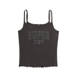 Kobiece top z koronki z wzorem Superdry Athletic. Czarne koszulki sportowe damskie Superdry, bez wzorów, z koronki, bez ramiączek. Za 119.30 zł.