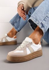 Beżowo-Białe Sneakersy na Grubej Podeszwie z Ozdobnymi Przeszyciami Ysdole. Brązowe obuwie sportowe damskie Renee, z materiału, bez zapięcia. Za 44.99 zł.