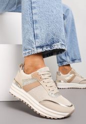 Beżowe Sneakersy z Brokatem na Ozdobnej Grubej Podeszwie Rilveia. Brązowe obuwie sportowe damskie Renee, bez zapięcia. Za 109.99 zł.
