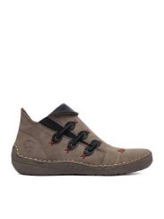 Rieker Botki CEO-72581-42 Szary. Szare botki damskie Rieker, ze skóry, bez obcasa, na płaskiej podeszwie, bez zapięcia. Za 349.99 zł.